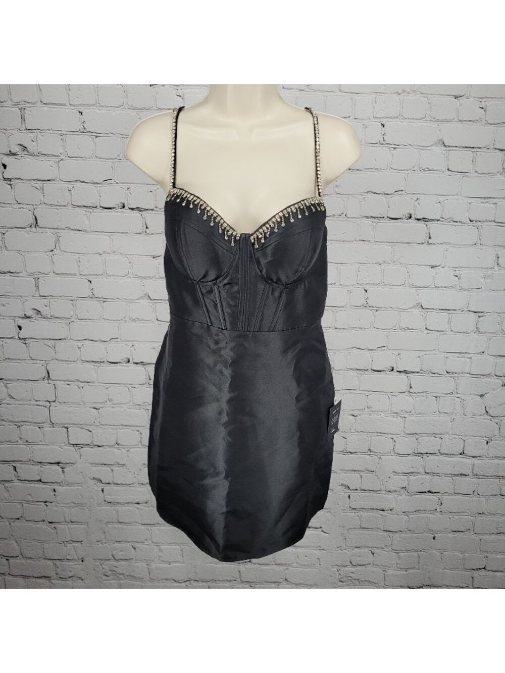 NWD Lulus Black Satin Rhinestone Bustier Backless Strappy Lined Mini Dress Large